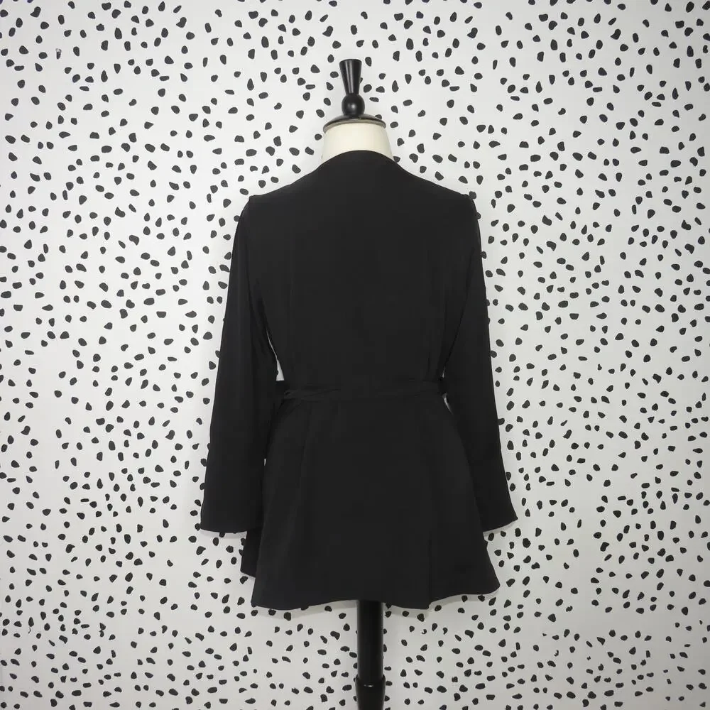 Eloquii Black Split Long Sleeve Tie Belt Wrap Top - Picture 7 of 12